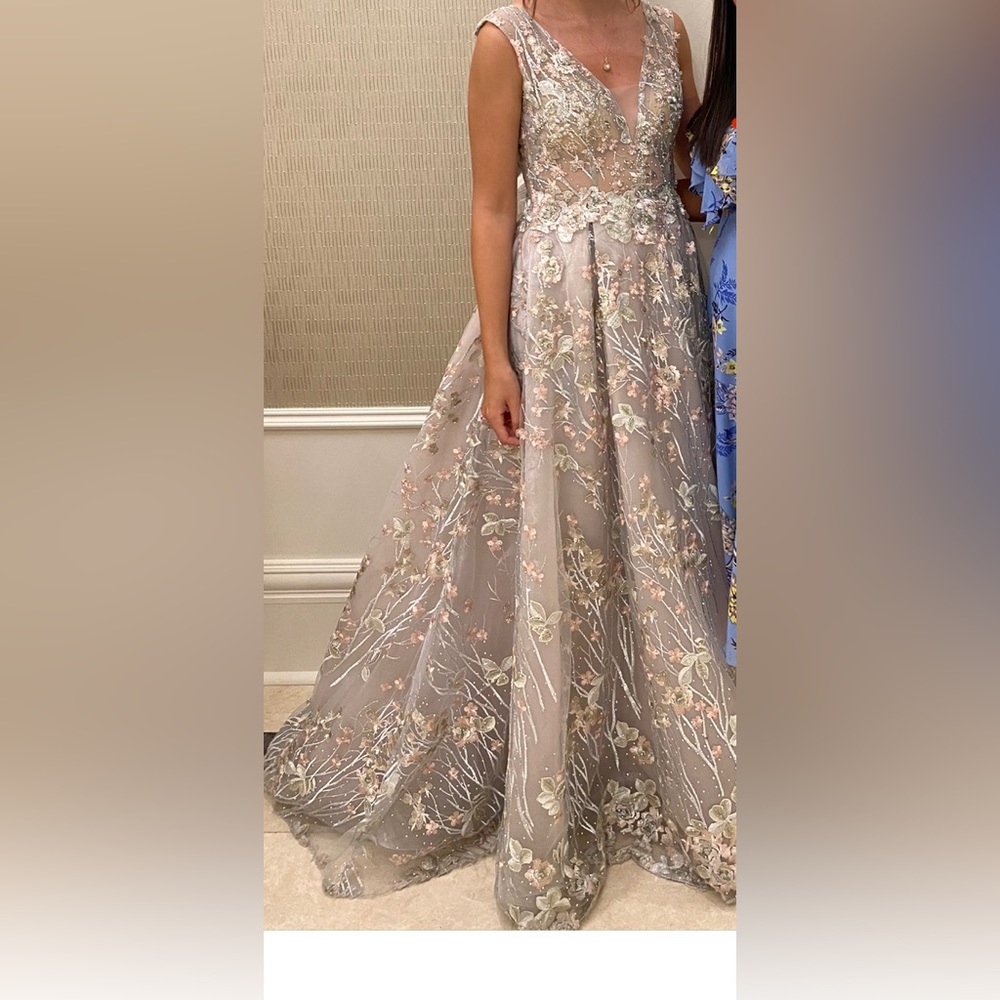 MAC DUGGAL FLORAL EMBROIDERED ILLUSION V-NECK GOWN